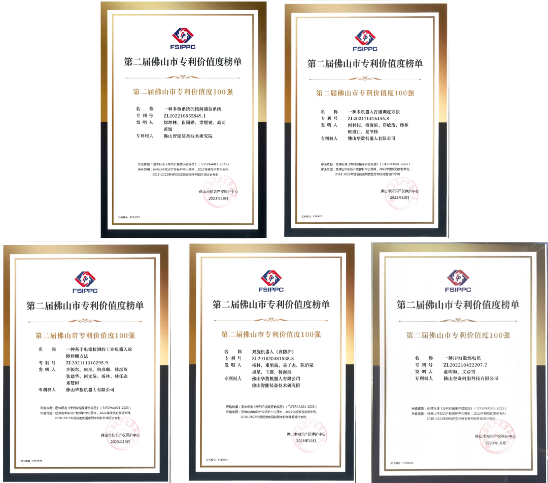 喜报！智能装备院5项高价值专利上榜佛山市专利价值度百强榜单！